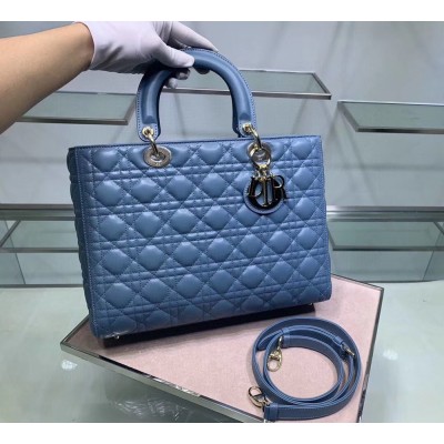 Dior Large Lady Dior Bag In Denim Blue Cannage Lambskin CDBS2389