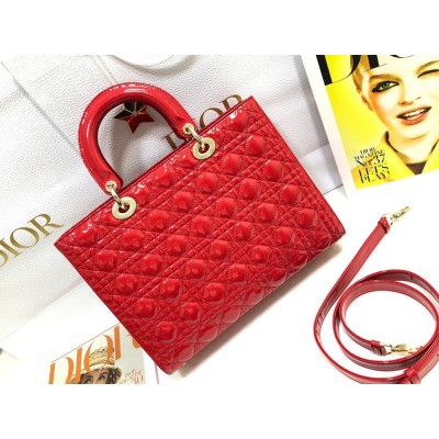 Dior Large Lady Dior Bag In Red Patent Cannage Calfskin CDBS2395