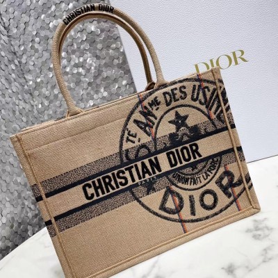 Dior Medium Book Tote Bag In Beige Jute Canvas With Dior Union Motif CDBS2423