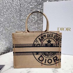 Dior Medium Book Tote Bag In Beige Jute Canvas With Dior Union Motif CDBS2423