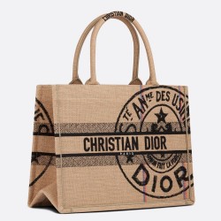 Dior Medium Book Tote Bag In Beige Jute Canvas With Dior Union Motif CDBS2423