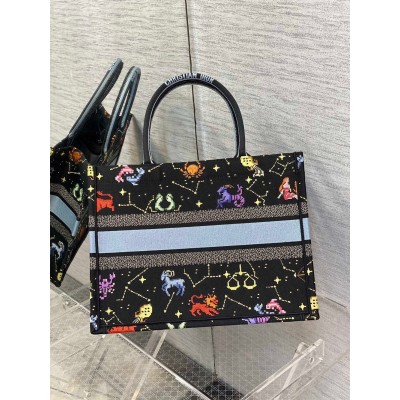 Dior Medium Book Tote Bag In Black Pixel Zodiac Embroidery CDBS2426