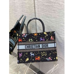 Dior Medium Book Tote Bag In Black Pixel Zodiac Embroidery CDBS2426