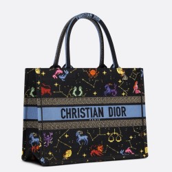 Dior Medium Book Tote Bag In Black Pixel Zodiac Embroidery CDBS2426