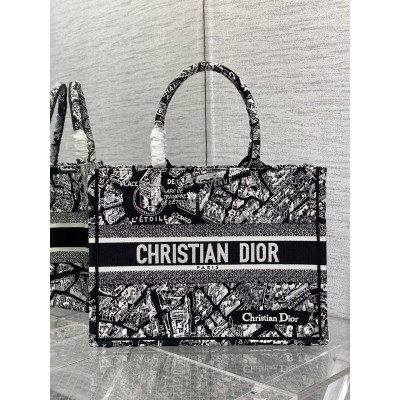 Dior Medium Book Tote Bag In Black Plan de Paris Embroidery CDBS2427