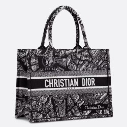 Dior Medium Book Tote Bag In Black Plan de Paris Embroidery CDBS2427