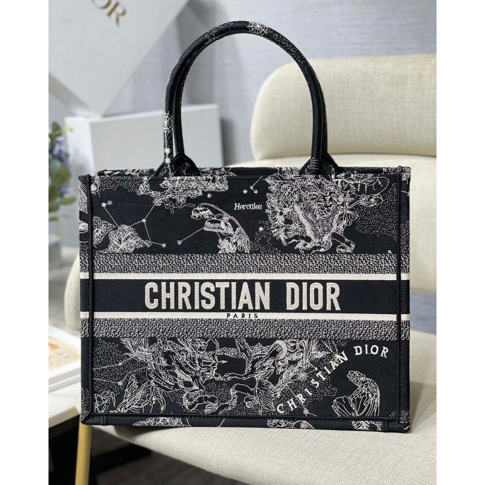 Dior Medium Book Tote Bag In Black Toile de Jouy Zodiac Embroidery CDBS2429