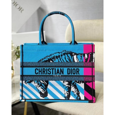 Dior Medium Book Tote Bag In Blue D-Jungle Pop Embroidery CDBS2432