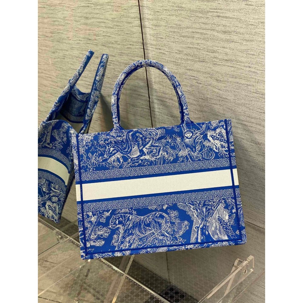 Dior Medium Book Tote Bag In Fluorescent Blue Toile de Jouy Reverse Embroidery CDBS2441