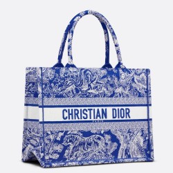 Dior Medium Book Tote Bag In Fluorescent Blue Toile de Jouy Reverse Embroidery CDBS2441