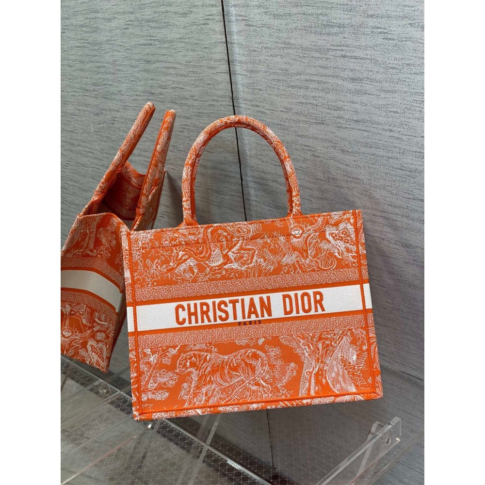 Dior Medium Book Tote Bag In Fluorescent Orange Toile de Jouy Reverse Embroidery CDBS2442