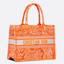 Dior Medium Book Tote Bag In Fluorescent Orange Toile de Jouy Reverse Embroidery CDBS2442