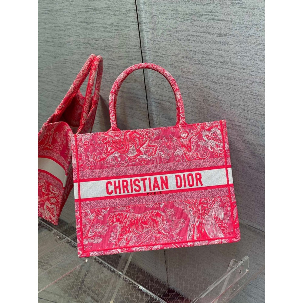 Dior Medium Book Tote Bag In Fluorescent Pink Toile de Jouy Reverse Embroidery CDBS2443