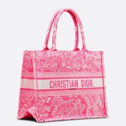 Dior Medium Book Tote Bag In Fluorescent Pink Toile de Jouy Reverse Embroidery CDBS2443