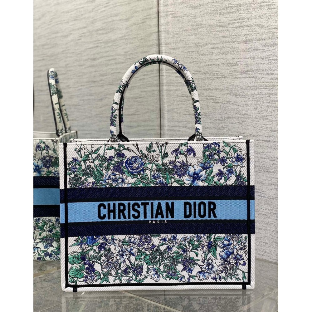 Dior Medium Book Tote Bag In Multicolor Flowers Constellation Embroidery CDBS2448