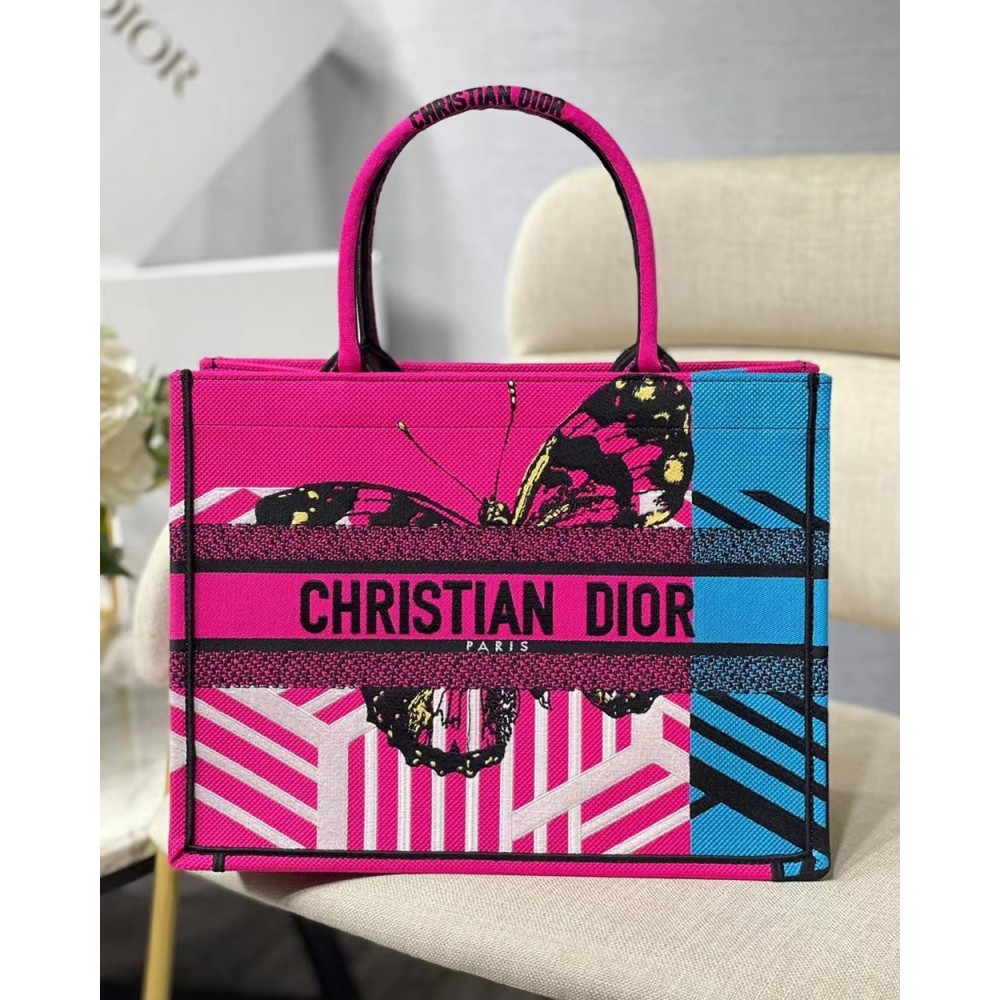 Dior Medium Book Tote Bag In Pink D-Jungle Pop Embroidery CDBS2450