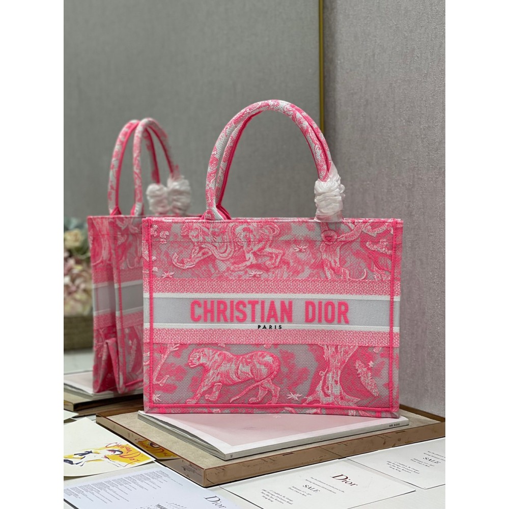 Dior Medium Book Tote Bag In Pink Transparent Toile de Jouy Canvas CDBS2451