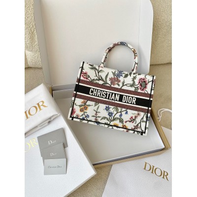 Dior Medium Book Tote Bag In White Dior Petites Fleurs Embroidery CDBS2456