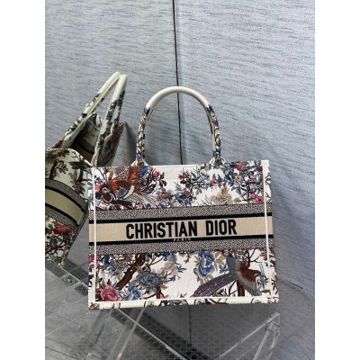 Dior Medium Book Tote Bag In White Jardin d'Hiver Embroidery CDBS2457