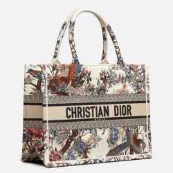 Dior Medium Book Tote Bag In White Jardin d'Hiver Embroidery CDBS2457