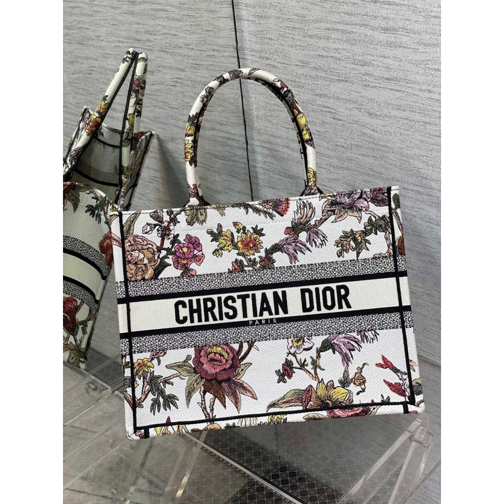 Dior Medium Book Tote Bag In White Multicolor Jardin Botanique Embroidery CDBS2459