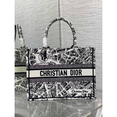 Dior Medium Book Tote Bag In White Plan de Paris Embroidery CDBS2460