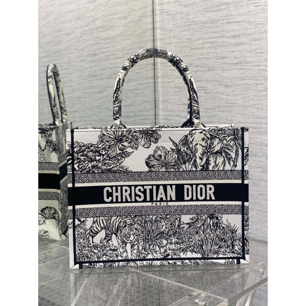 Dior Medium Book Tote Bag In White Toile de Jouy Voyage Embroidery CDBS2464