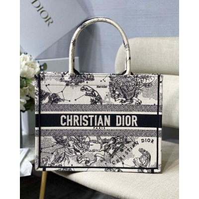 Dior Medium Book Tote Bag In White Toile de Jouy Zodiac Embroidery CDBS2465