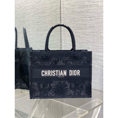 Dior Medium Book Tote Bag in Black Toile de Jouy Soleil Macrame Embroidery CDBS2428