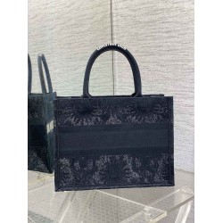 Dior Medium Book Tote Bag in Black Toile de Jouy Soleil Macrame Embroidery CDBS2428