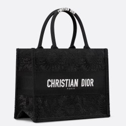 Dior Medium Book Tote Bag in Black Toile de Jouy Soleil Macrame Embroidery CDBS2428