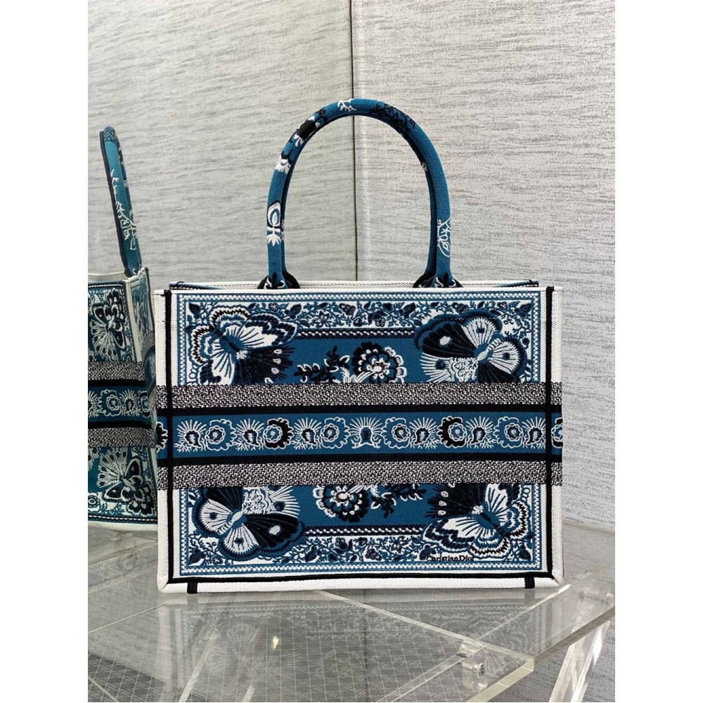 Dior Medium Book Tote Bag in Blue Butterfly Bandana Embroidery CDBS2430