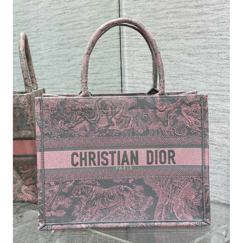 Dior Medium Book Tote Bag in Grey and Pink Toile de Jouy Reverse Embroidery CDBS2446