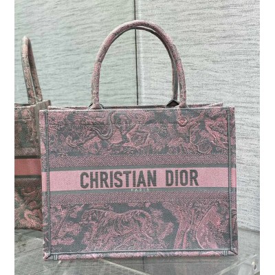 Dior Medium Book Tote Bag in Grey and Pink Toile de Jouy Reverse Embroidery CDBS2446