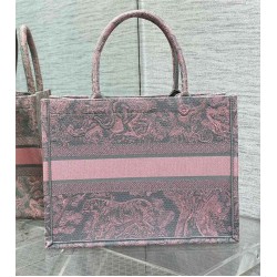 Dior Medium Book Tote Bag in Grey and Pink Toile de Jouy Reverse Embroidery CDBS2446