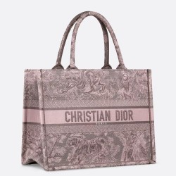 Dior Medium Book Tote Bag in Grey and Pink Toile de Jouy Reverse Embroidery CDBS2446