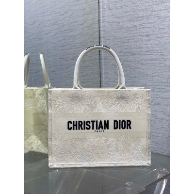 Dior Medium Book Tote Bag in White Toile de Jouy Soleil Macrame Embroidery CDBS2463