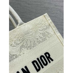 Dior Medium Book Tote Bag in White Toile de Jouy Soleil Macrame Embroidery CDBS2463