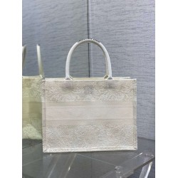 Dior Medium Book Tote Bag in White Toile de Jouy Soleil Macrame Embroidery CDBS2463