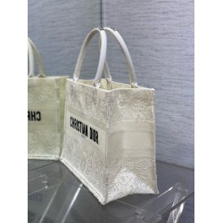 Dior Medium Book Tote Bag in White Toile de Jouy Soleil Macrame Embroidery CDBS2463