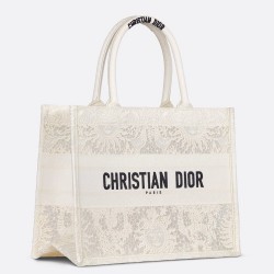 Dior Medium Book Tote Bag in White Toile de Jouy Soleil Macrame Embroidery CDBS2463