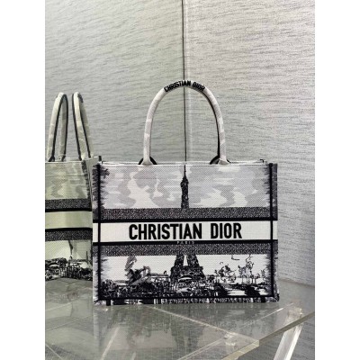 Dior Medium Book Tote Bag in White and Black Paris Embroidery CDBS2454