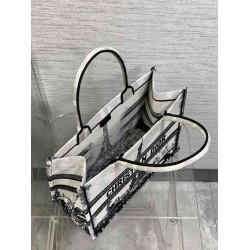 Dior Medium Book Tote Bag in White and Black Paris Embroidery CDBS2454