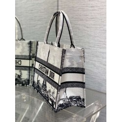 Dior Medium Book Tote Bag in White and Black Paris Embroidery CDBS2454