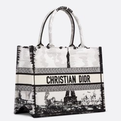 Dior Medium Book Tote Bag in White and Black Paris Embroidery CDBS2454