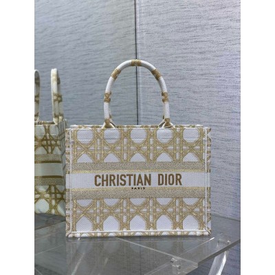 Dior Medium Book Tote Bag in White and Gold Macrocannage Embroidery CDBS2455