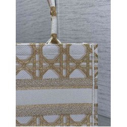 Dior Medium Book Tote Bag in White and Gold Macrocannage Embroidery CDBS2455