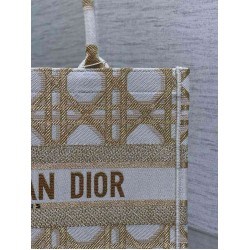 Dior Medium Book Tote Bag in White and Gold Macrocannage Embroidery CDBS2455