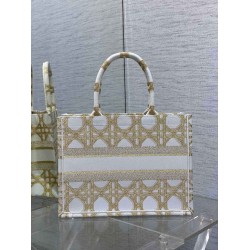 Dior Medium Book Tote Bag in White and Gold Macrocannage Embroidery CDBS2455