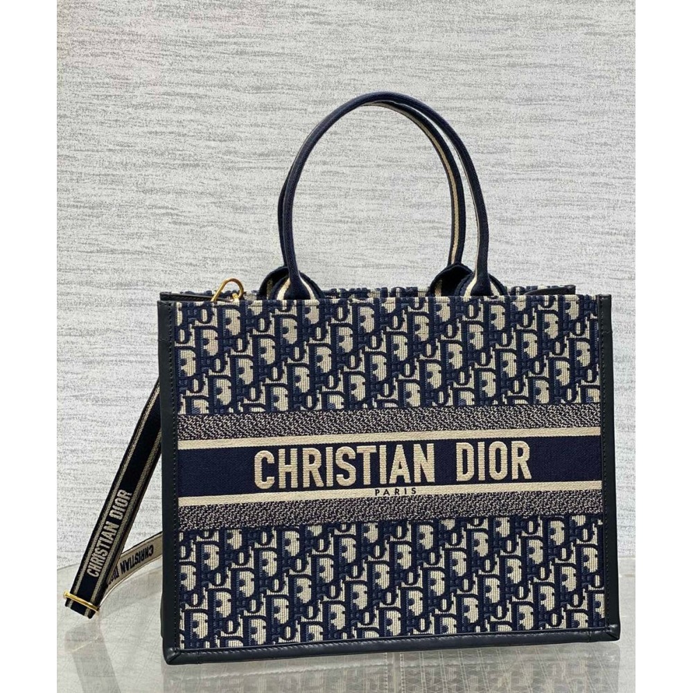 Dior Medium Book Tote Bag With Strap in Blue Dior Oblique Canvas CDBS2468